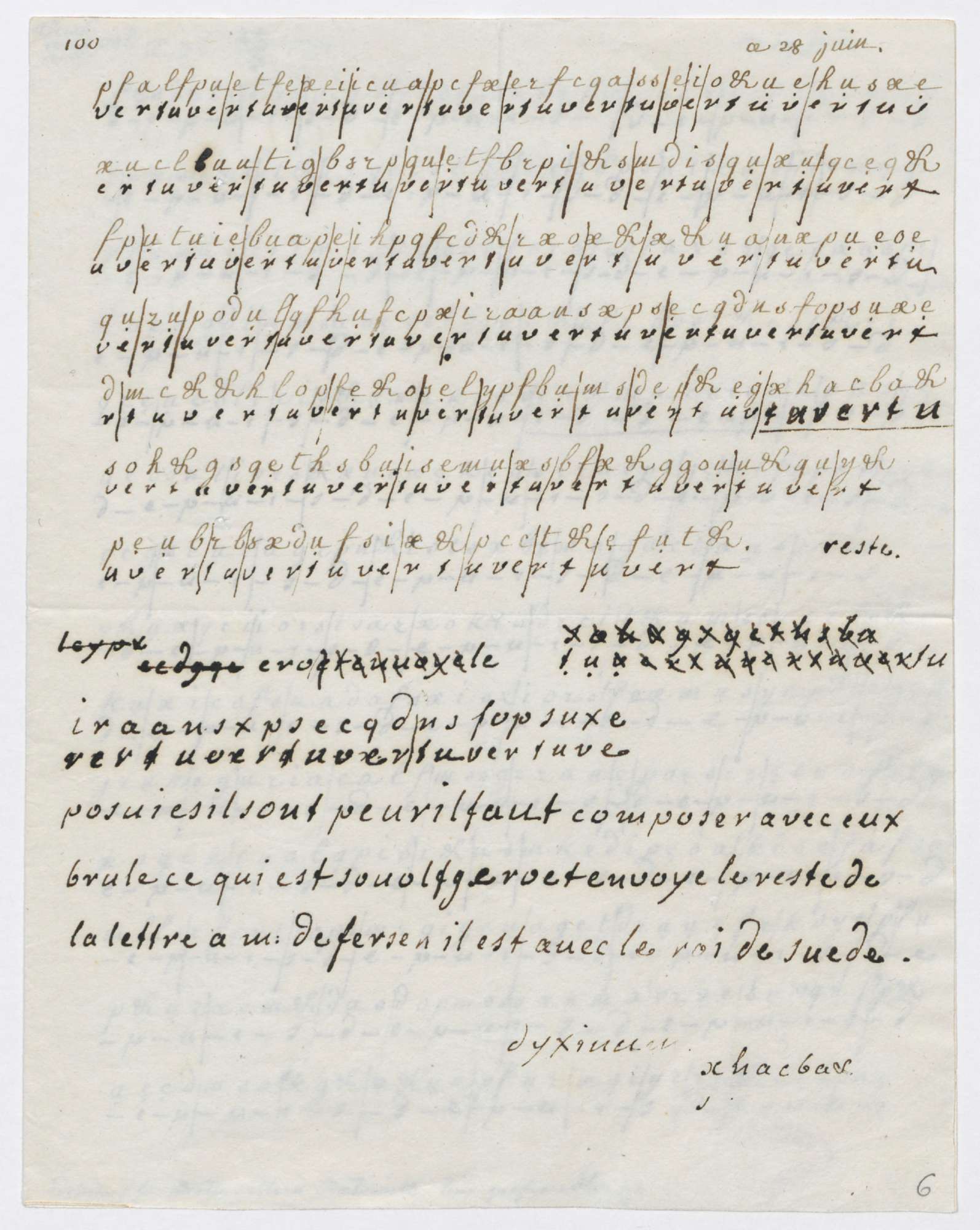 Lettre cryptée échangée entre la reine Marie-Antoinette et le comte
Axel de Fersen,datée du 28 juin 1791 - AN440AP/1, dossier 1, pièce 6, page 1.